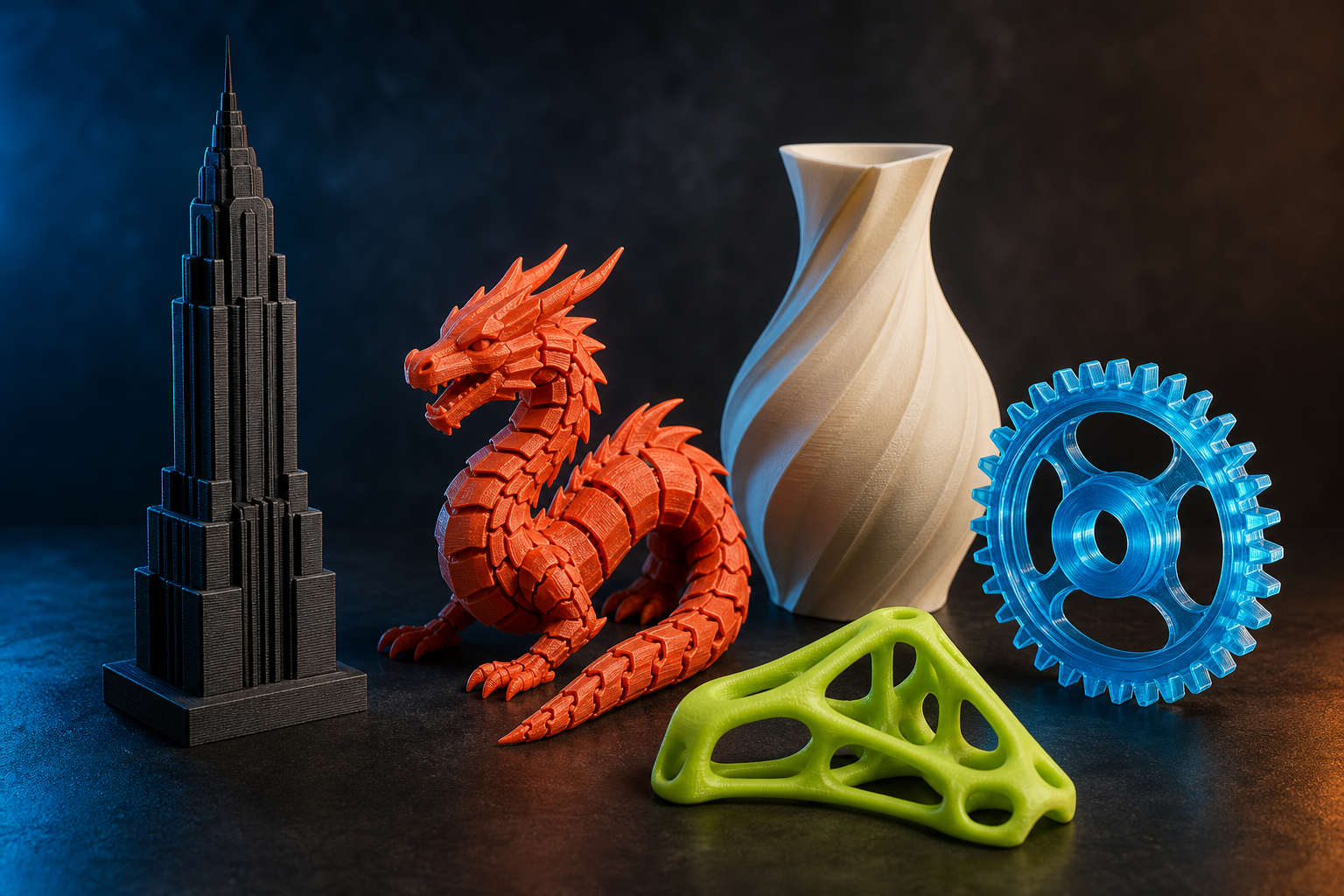Colecție de obiecte printate 3D: machetă, dragon, vază și componente tehnice