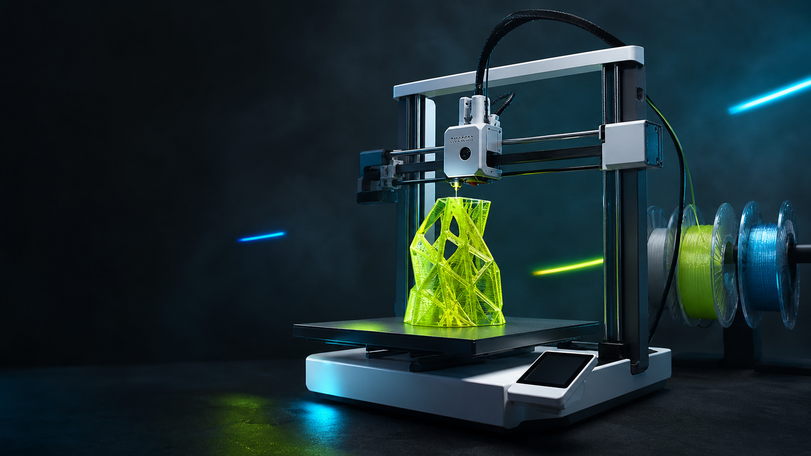 Imprimantă 3D de tip A1 care realizează un obiect geometric verde